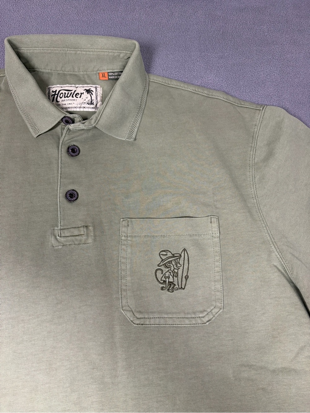 Howler Brothers Olive Green Pocket Polo with Surfer Monkey Logo XL Lightweight
